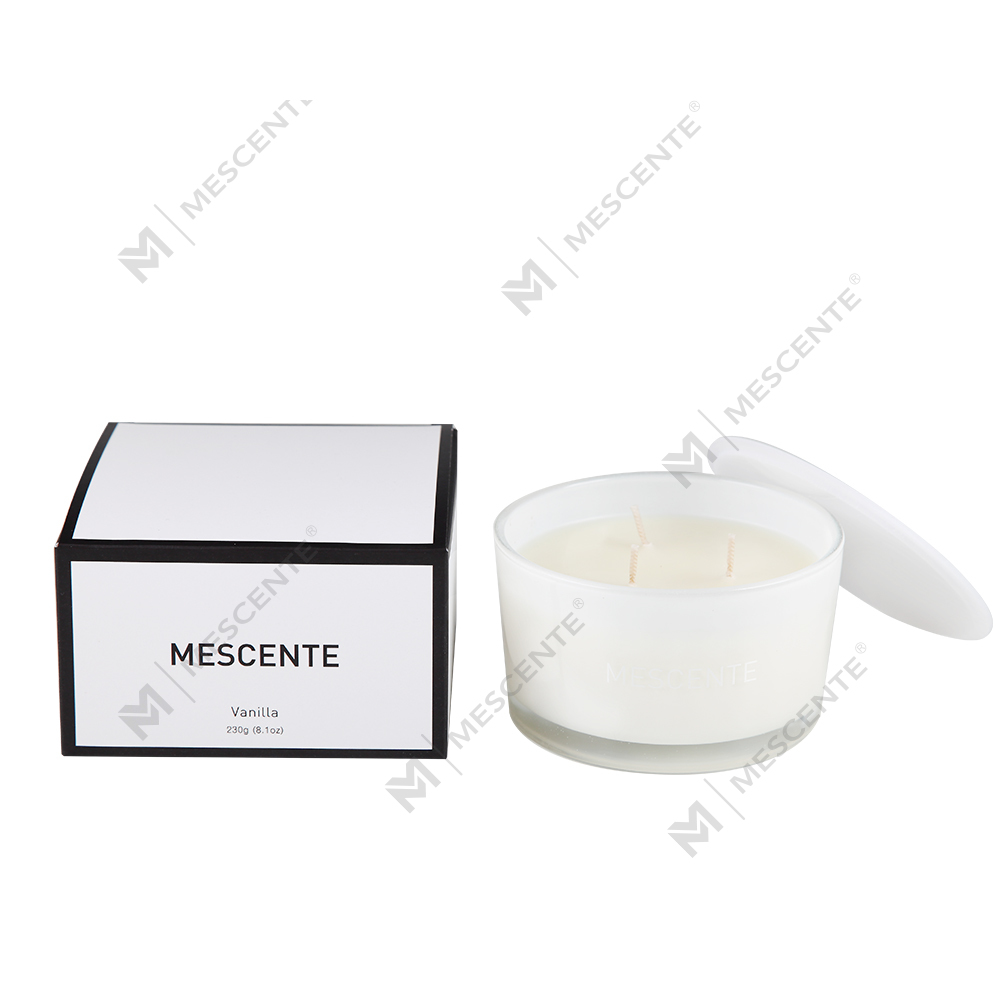 Mescente ขายส่งขวดแก้วฉลากส่วนตัว 3 Wick เทียนหอมขี้ผึ้งถั่วเหลือง 100%