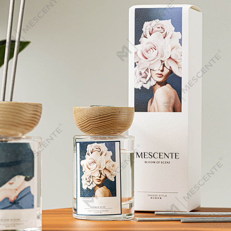 M&Scent ขายส่งขวดแก้วฉลากส่วนตัวชุดไม้กระจายกลิ่นกกพร้อมจุก